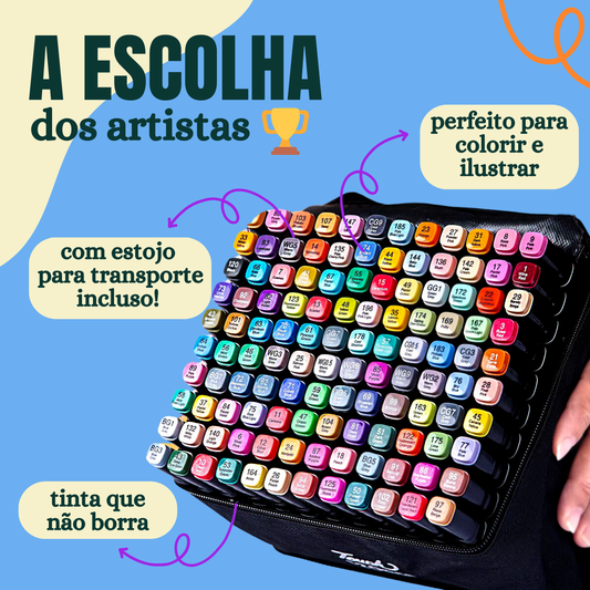 Conjunto de Canetas Marcador Permanente Canetinhas para Colorir Touch com Ponta Dupla para Desenhos Profissional e Escolar com Duas Pontas Hidrográficas com Estojo para Transporte Brashopmall® (100)